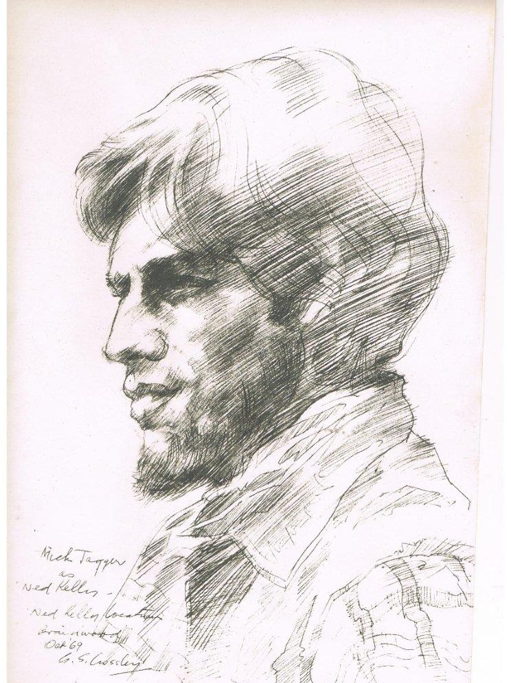 A pencil sketch of Mick Jagger in costume.