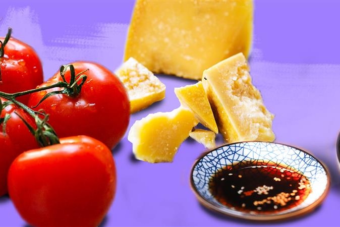 Tomatoes, parmesan cheese and soy sauce - examples of umami-rich foods for a story about umami history and cooking.