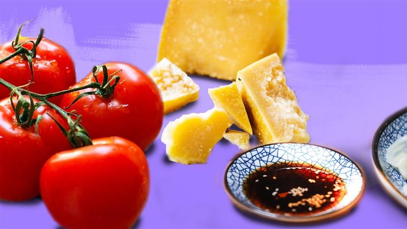 Tomatoes, parmesan cheese and soy sauce - examples of umami-rich foods for a story about umami history and cooking.