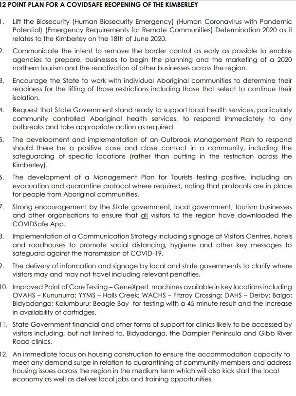 Screenshot of a 12-point list spelling out how to lift COVID-19 restrictions in the Kimberley