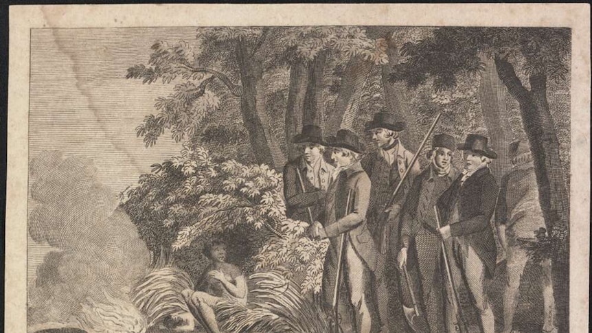 Engraving of British officers visiting an Aboriginal woman in 1789