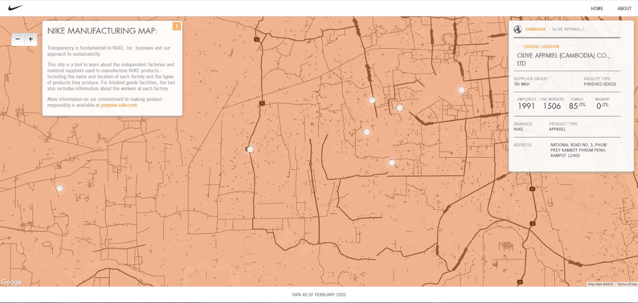 A screenshot of a map showing Nike suppliers, including Olive Apparel.