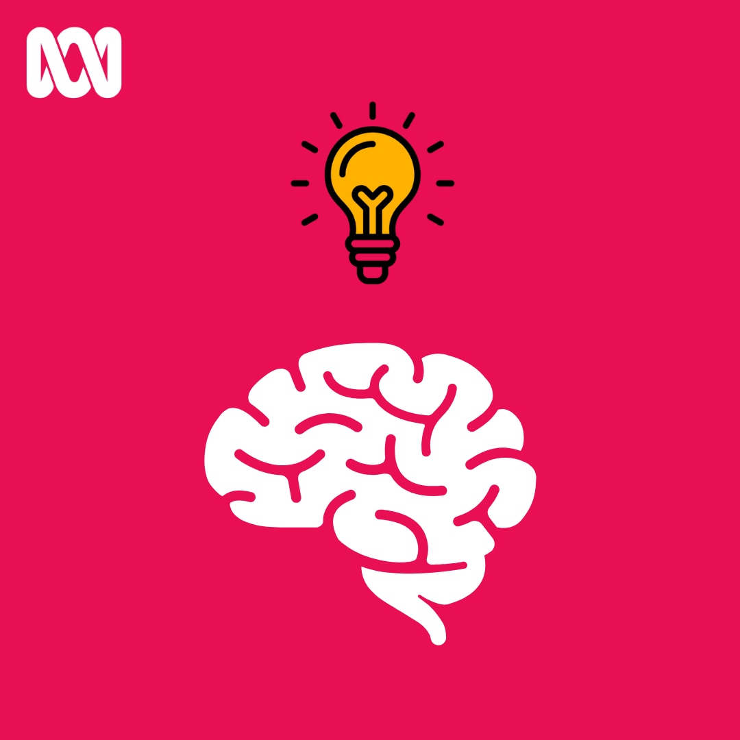 A cartoon graphic of a brain, a lightbulb and an ABC lissajous against a pink background 