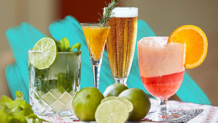 Collection of low-alcohol cocktails on a table, including mojito mocktail, mimosa, low-alcohol beer and Aperol float