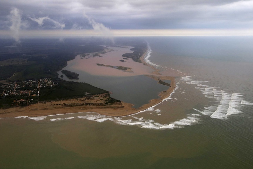 An aerial view of the mouth of Doce River