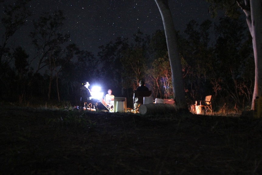 a several people sitting around a fire at a campsite in the bush at night