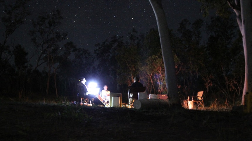 a several people sitting around a fire at a campsite in the bush at night