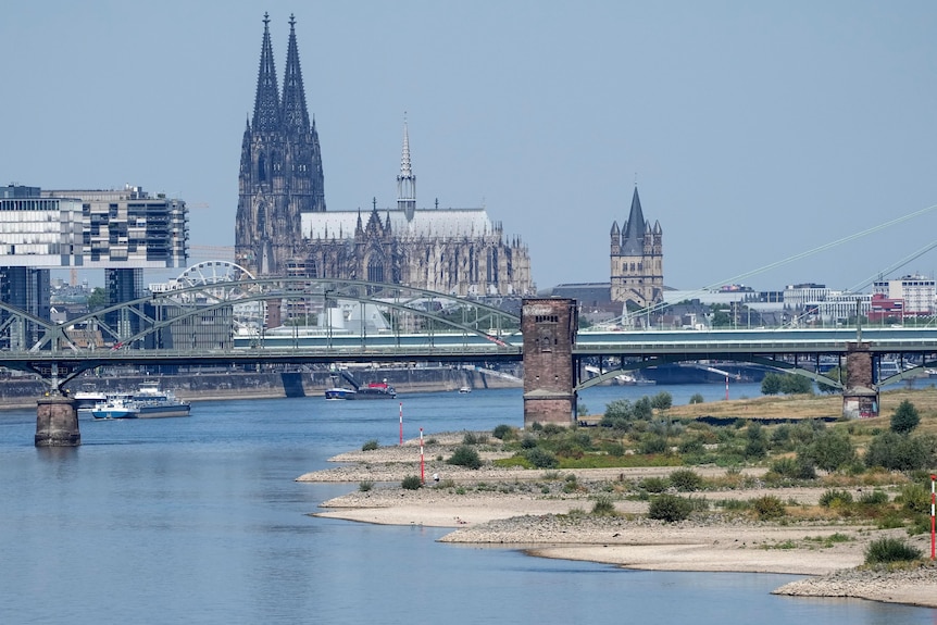 The river Rhine is pictured with low water agains the backdrop of the city of Cologne, Germany.
