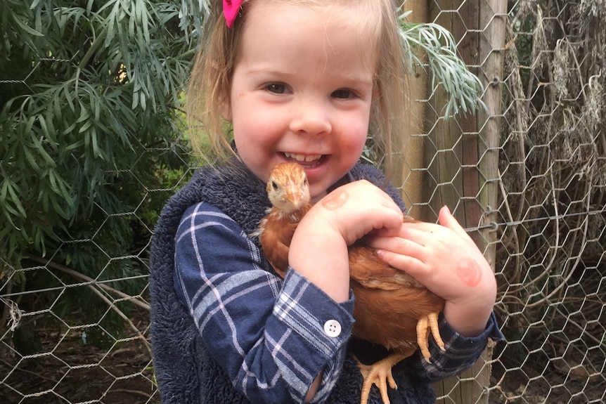 A young girl holds a hen.