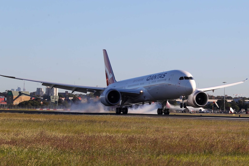 A plane landing on a runway