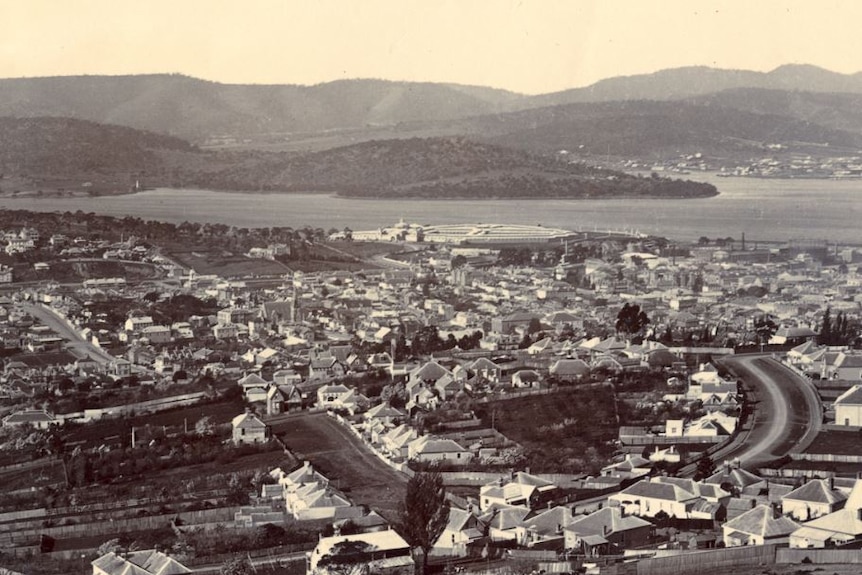 View over Hobart from Knocklofty showing the Exhibition building