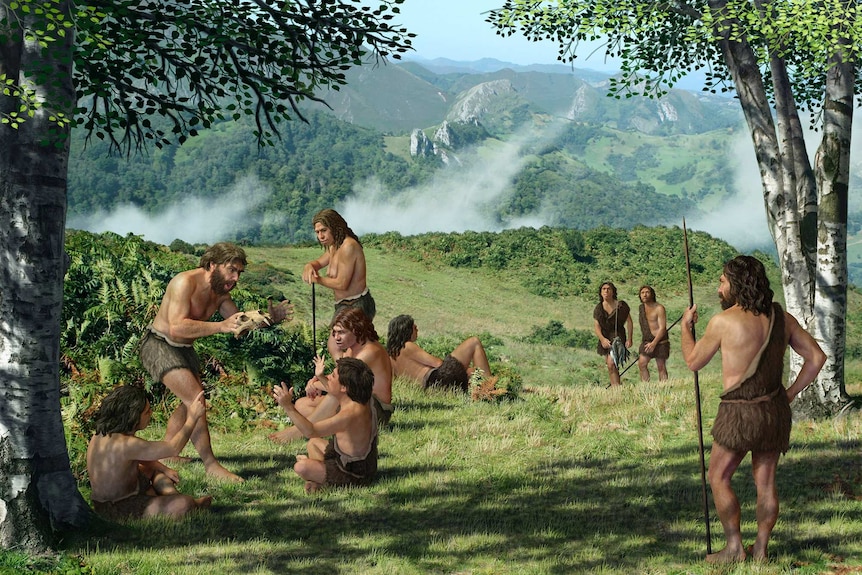 A group of Neanderthals engaged in conversation
