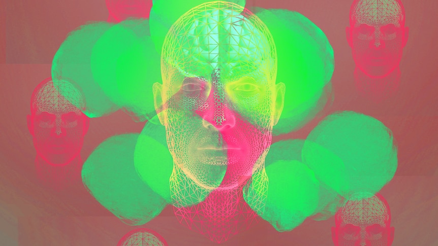 A technical illustration of a man's head showing the brain, splotches of colour around him give a blurry, hazy feeling.