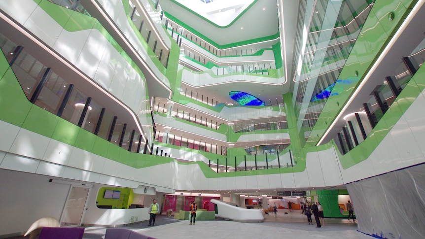 Inside the Perth Children's Hospital looking up at the upper floors and ceiling.