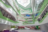 Inside the Perth Children's Hospital looking up at the upper floors and ceiling.
