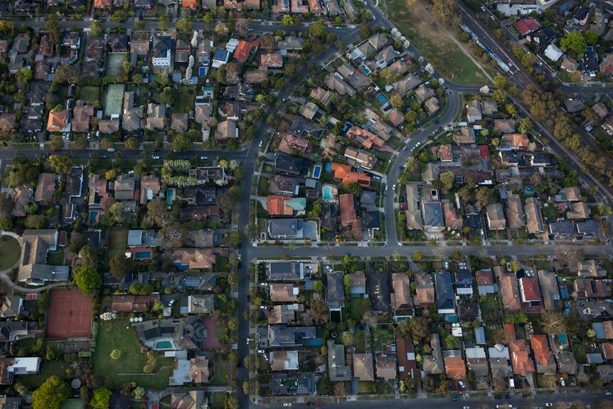 A view straight down on suburbia, from a hot air balloon.