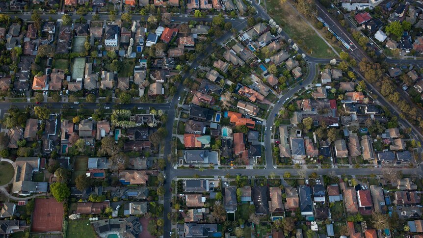 A view straight down on suburbia, from a hot air balloon.