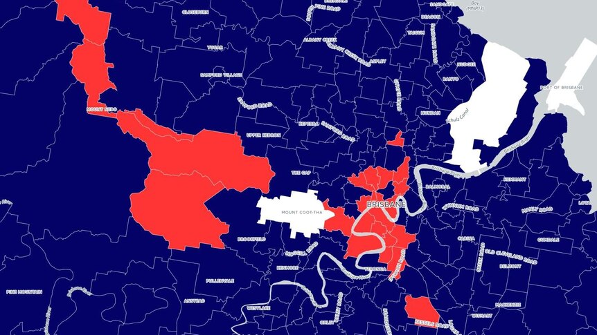 A map of Brisbane shows suburbs by most common religion in each. The inner city is home to the most people with 'no religion'.