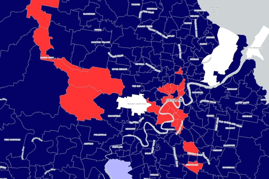 A map of Brisbane shows suburbs by most common religion in each. The inner city is home to the most people with 'no religion'.