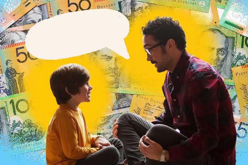 A father with glasses and mustache and his son sit in front of each other talking. The background shows Australian banknotes.