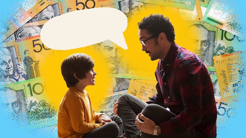 A father with glasses and mustache and his son sit in front of each other talking. The background shows Australian banknotes.