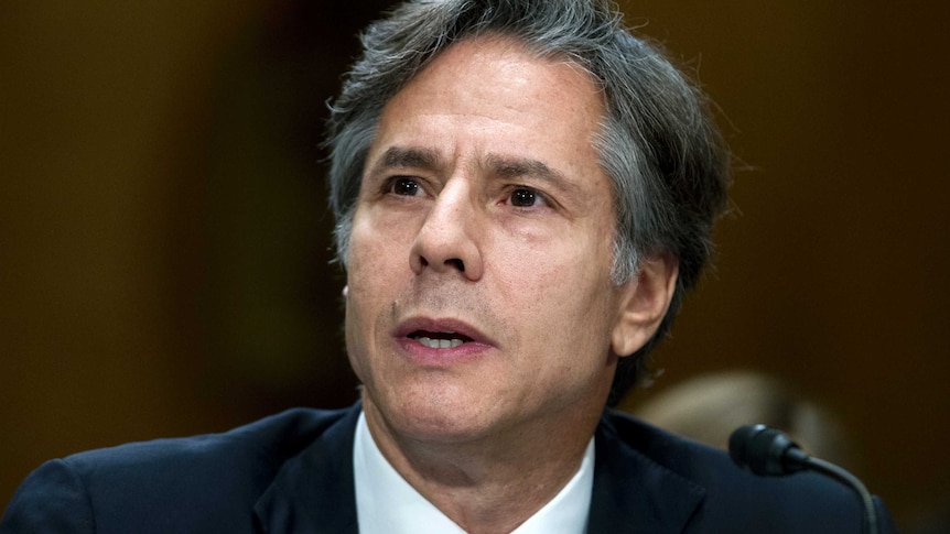 A headshot of Anthony Blinken as he testifies on Capitol Hill.