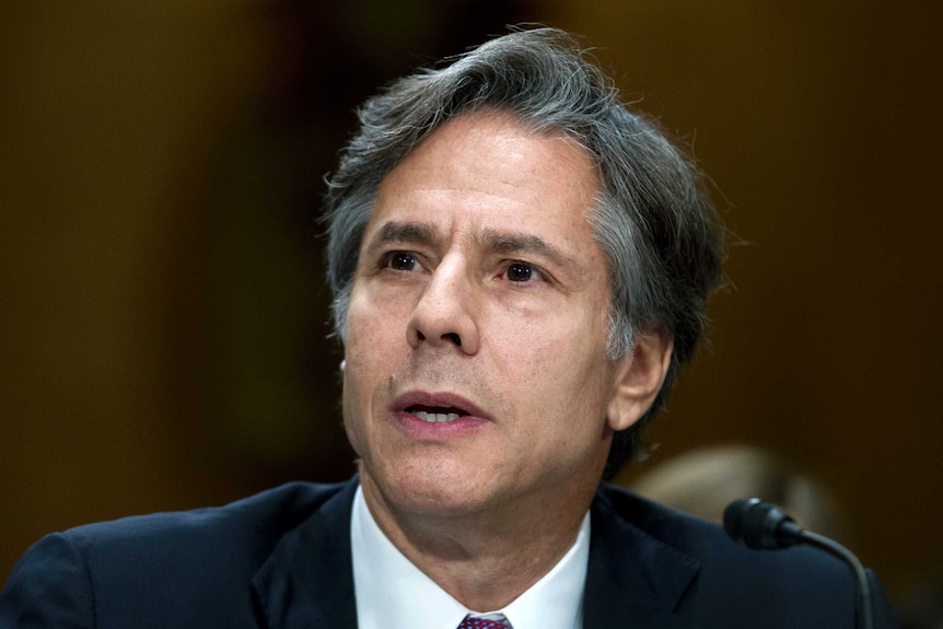 A headshot of Anthony Blinken as he testifies on Capitol Hill.