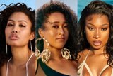 A composite image of Leyna Bloom, Naomi Osaka and Megan Thee Stallion posing for Sports Illustrated.