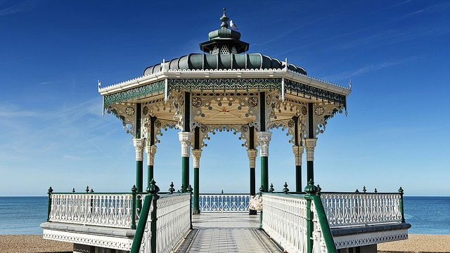 A bandstand against the backdrop of a sunny beach