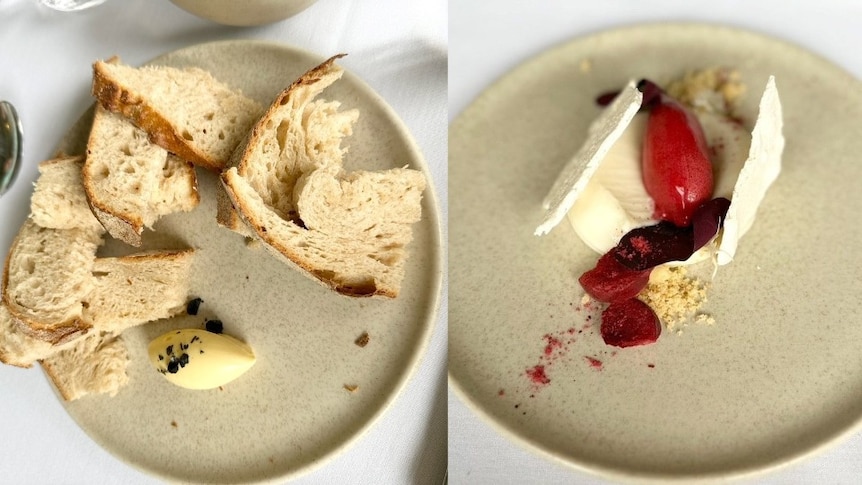 A composite image of sourdough pieces on a plate and a deconstructed cheesecake.