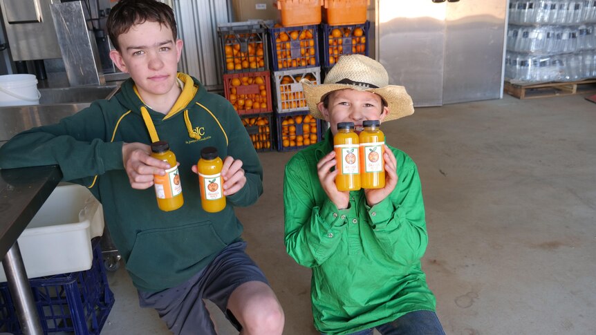 Two young boys holding orange juice 