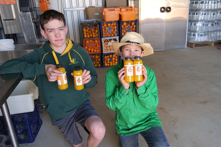 Two young boys holding orange juice 