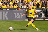 A tall striker follows through after side-footing the ball home to score a penalty in the Bundesliga.