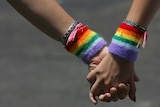Two lesbians wearing rainbow wristbands hold hands during a gay pride parade.