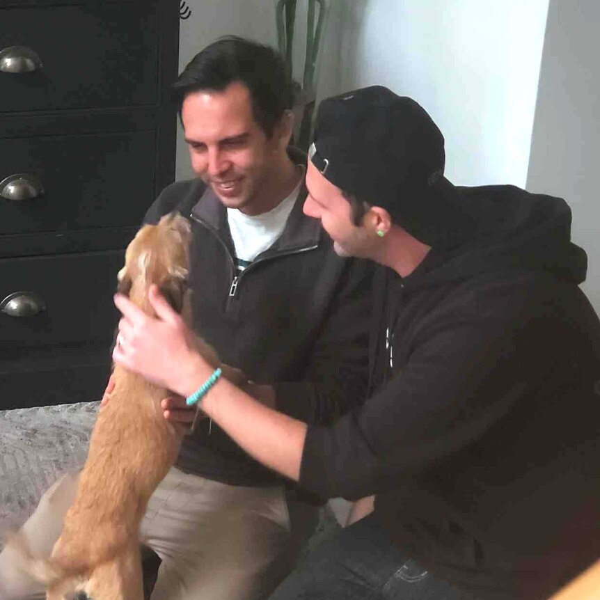 A light brown coloured dog is cuddled by two men who are smiling at him and patting him.
