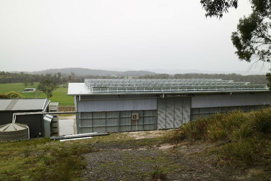 a large building with four rows of solar panel in front of rolling hills
