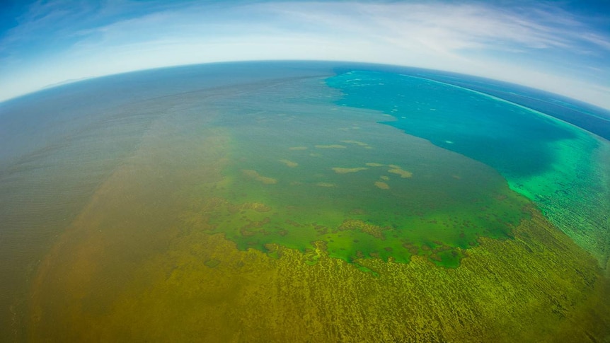 Aerial photo of plume from Burdekin River off north Queensland inundating Old Reef in the central Great Barrier Reef.