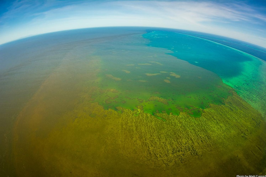 Aerial photo of plume from Burdekin River off north Queensland inundating Old Reef in the central Great Barrier Reef.