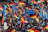 Supporters of German AfD wave German and AfD flags.