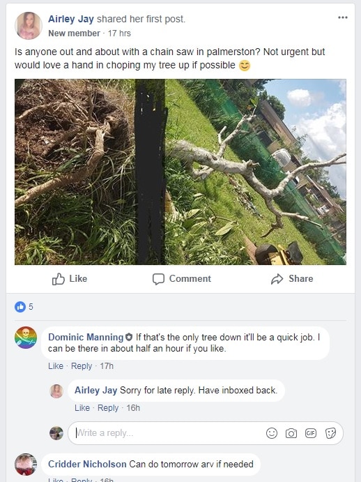 A Facebook post asking for help cutting up a fallen tree.