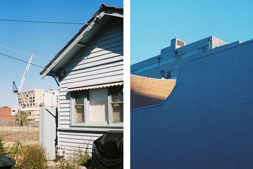 A diptych shows two images of homes pictured close-up with apartment blocks rising in the distance behind them on a clear day.