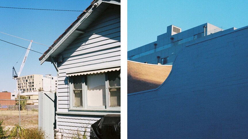 A diptych shows two images of homes pictured close-up with apartment blocks rising in the distance behind them on a clear day.