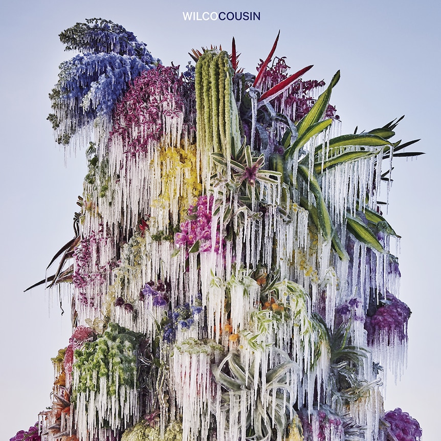 Cover art for Wilco's 2023 album Cousin showing icicles frozen on a colourful bouquet of flowers 