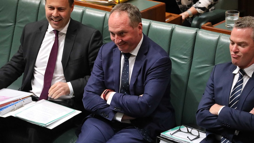 Barnaby Joyce sneers while crossing his arms in front of him. Christopher Pyne and Josh Frydenberg sit on either side.