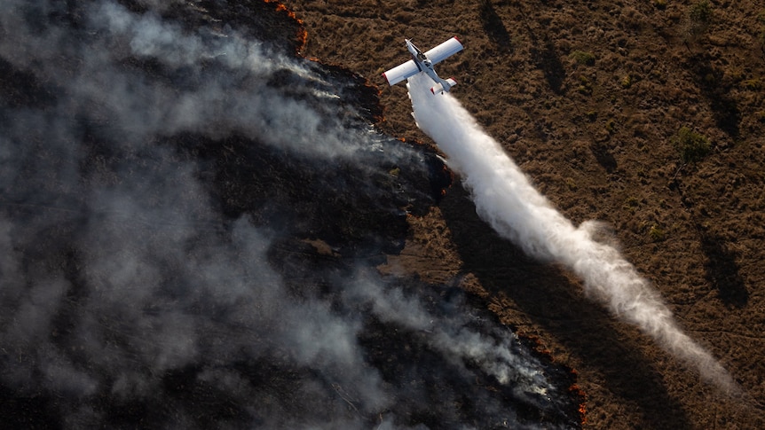 A plane drops water at the head of a fire