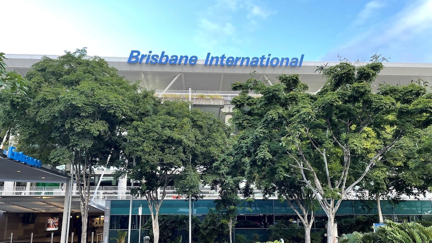 Sign and frontage of Brisbane International Airport on April 30, 2021.