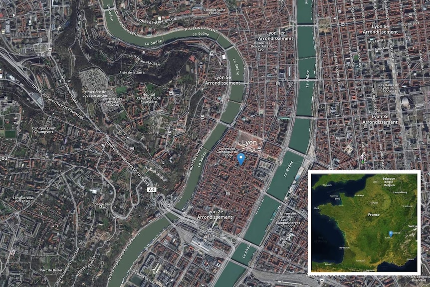 You see an aerial satellite map of Lyon with an arrow pointing to the attempted bombing, with an inset image of France.