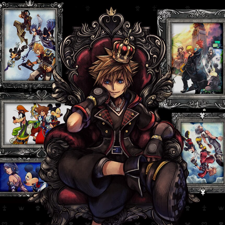 A character from Kingdom Hearts seated in an elaborate chair, with spiky brown hair and their head leaning on their hand.