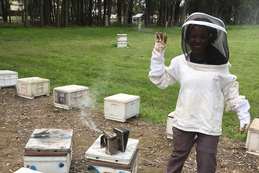 A woman in a bee suit in a field