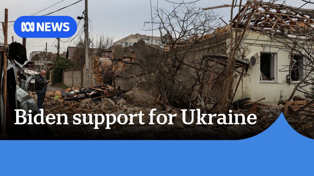 Biden support for Ukraine: Rubble and damaged houses in Ukraine following drone strike. 